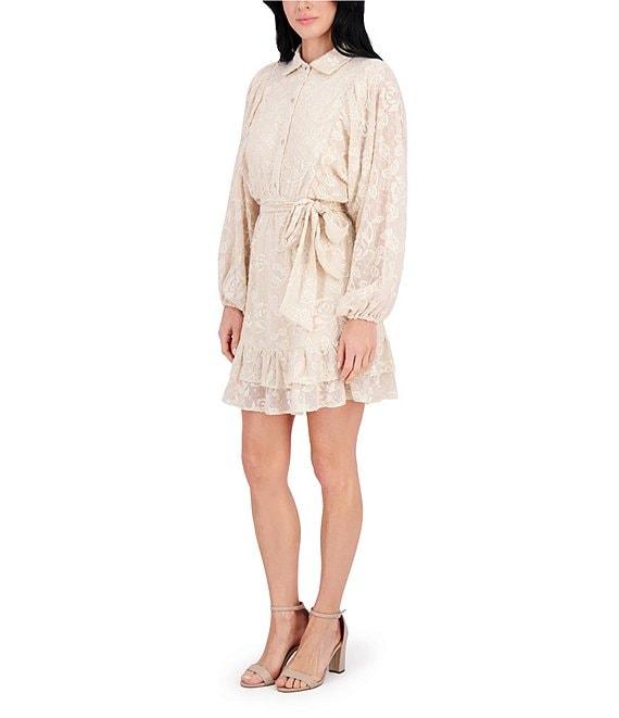 Kensie Point Collar Long Bishop Sleeves Ruffle Hem Embroidered Woven Shirt Dress Product Image