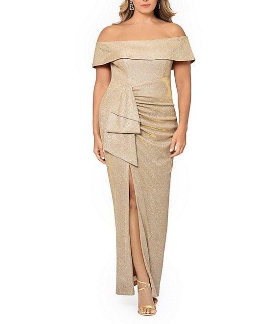 Xscape Plus Size Glitter Metallic Off-The-Shoulder Short Sleeve Gathered Ruffle Side Slit Sheath Gown Product Image