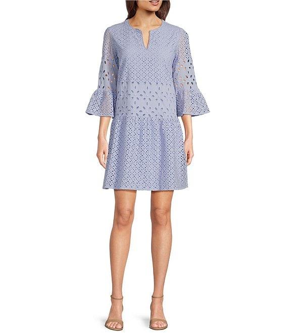tyler boe Ingrid Eyelet Crew Neck Split V 3/4 Bell Sleeve Tiered Dress Product Image