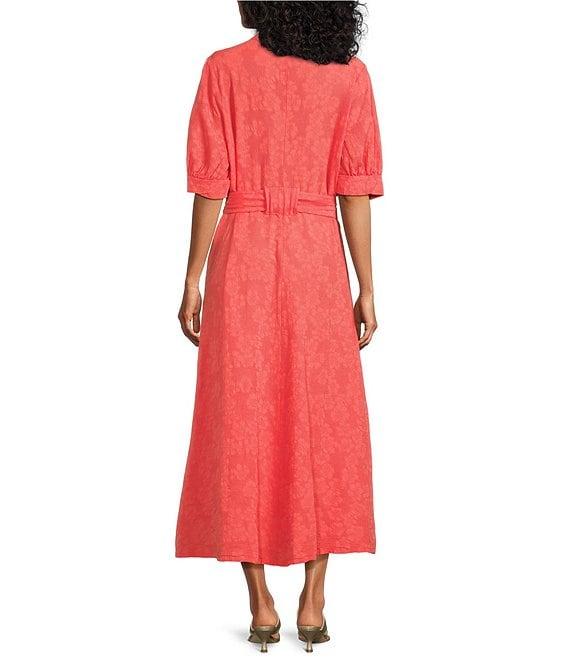 Bryn Walker Augustina Floral Cotton Jacquard Banded Collar Elbow Sleeve Button Front Maxi Dress Product Image
