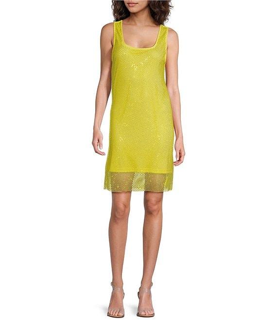 Skies Are Blue Rhinestone Mesh Scoop Neck Sleeveless Tank Mini Dress Product Image