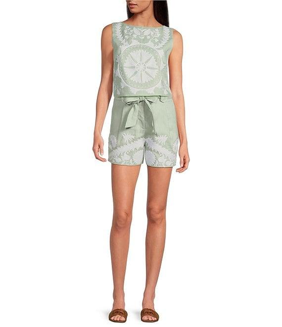 Le' AL.X Woven Linen Floral Embroidered Boat Neck Sleeveless Crop Mod Coordinating Top Product Image