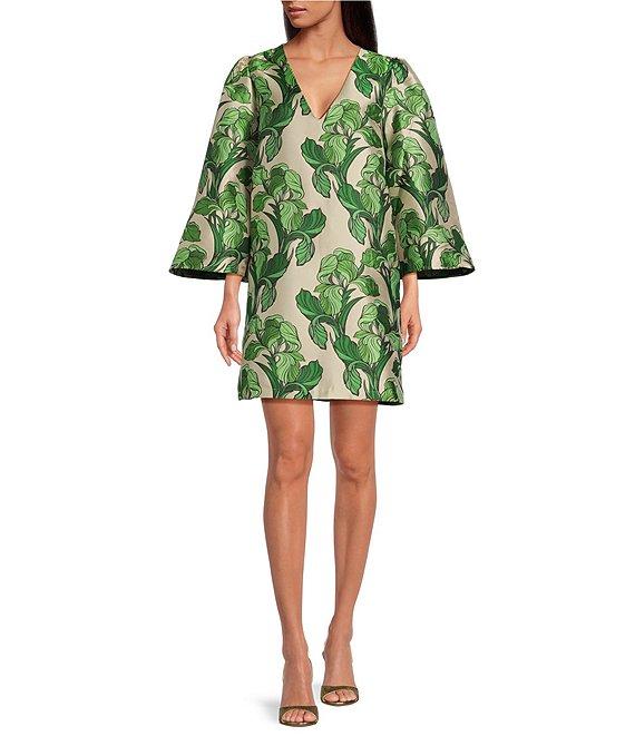 Buru Le V Mod Brocade V-Neckline Bell Sleeve Mini Dress Product Image