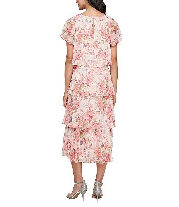 Ignite Evenings Boat Neck Short Sleeve Tiered Floral Midi Dress Product Image