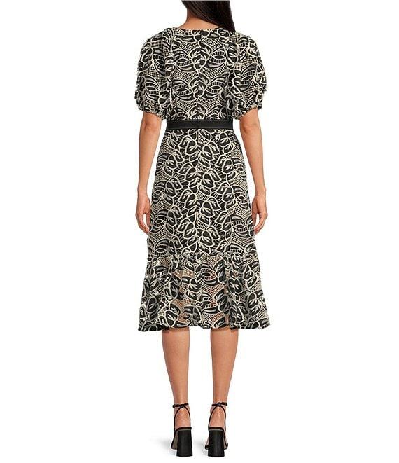 Sam Edelman Printed V-Neck Artisanal Puff Sleeves Fit & Flare Midi Dress Product Image