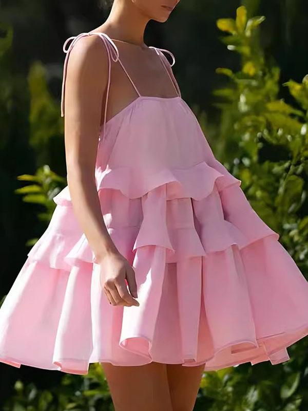 High Waisted Loose Backless Layered Pleated Solid Color Tied Spaghetti-Neck Mini Dresses Product Image