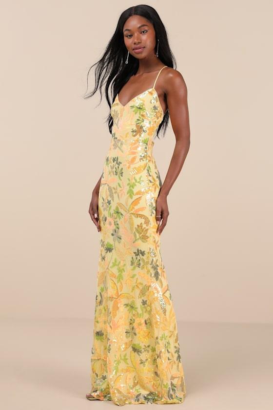 Glittering Icon Yellow Iridescent Sequin Lace-Up Maxi Dress Product Image