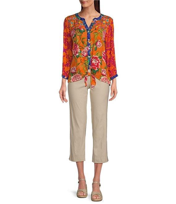 John Mark Printed Split V-Neck 3/4 Sleeve Button Front Blouse Product Image