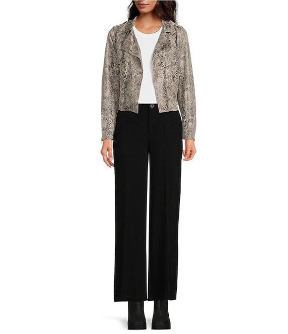 Skies Are Blue Soft Faux Suede Snake Print Notch Lapel Long Sleeve Open Front Moto Statement Jacket Product Image