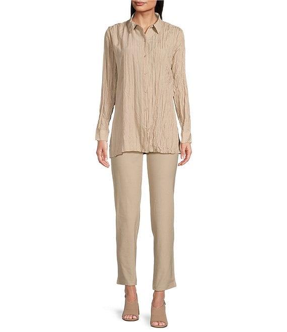 Eileen Fisher Crinkle Silk Classic Collar Long Sleeve Button Down Shirt Product Image