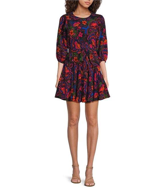 Sugarlips Floral Print Crew Neck Long Sleeve Waist Tie Mini Dress Product Image