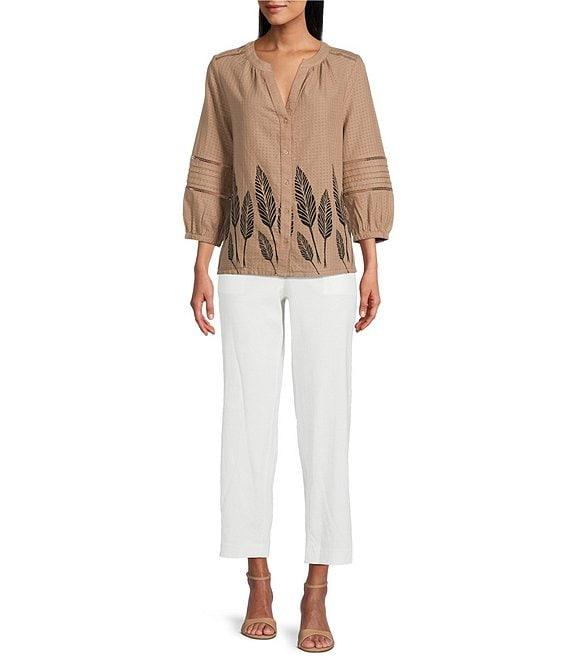 Investments Woven Portabella Leaf 3/4 Sleeve Y-Neck Button Front Top Product Image