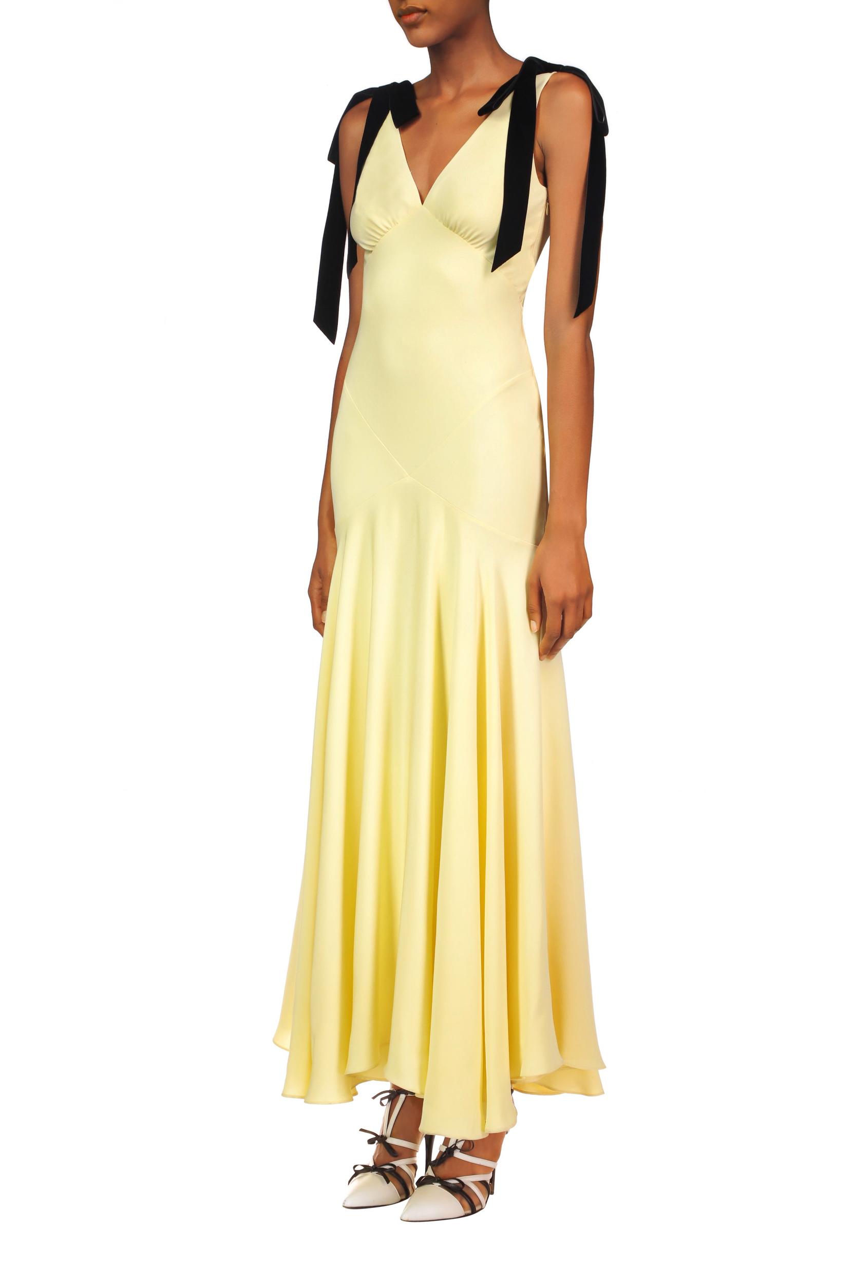 Yellow Silk Crepe Bias Dress With Black Velvet Ribbon Bow Detail Product Image