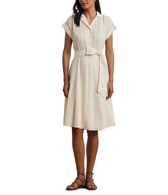 Lauren Ralph Lauren Crepe Camp Collar Neck Short Sleeve Belted Shirt Knee Length Dress Product Image