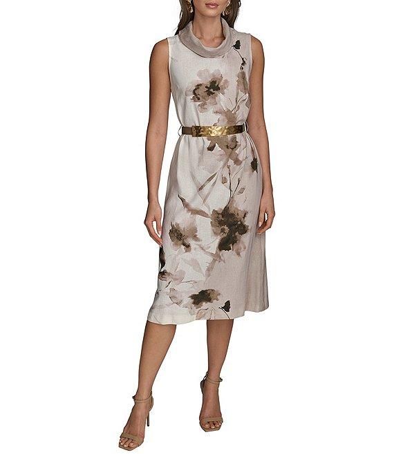 Donna Karan Sleeveless Cowl Neck Floral Print Belted Midi Dress Product Image