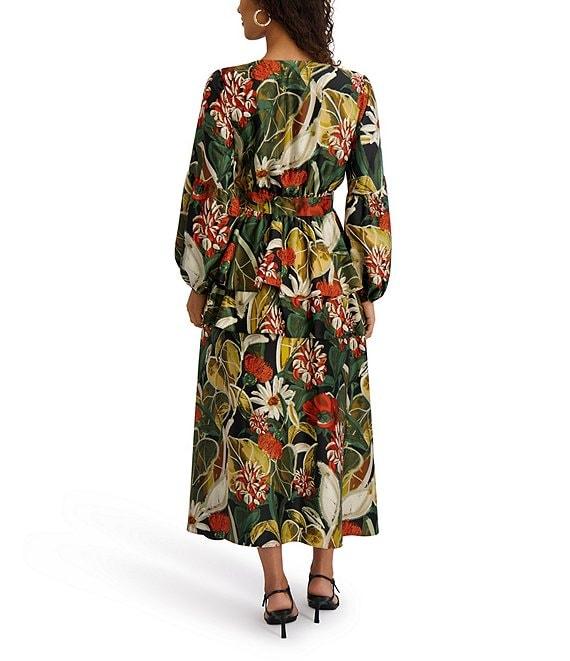 SIENA Long Sleeve Printed Satin Ruffle Midi Dress Product Image