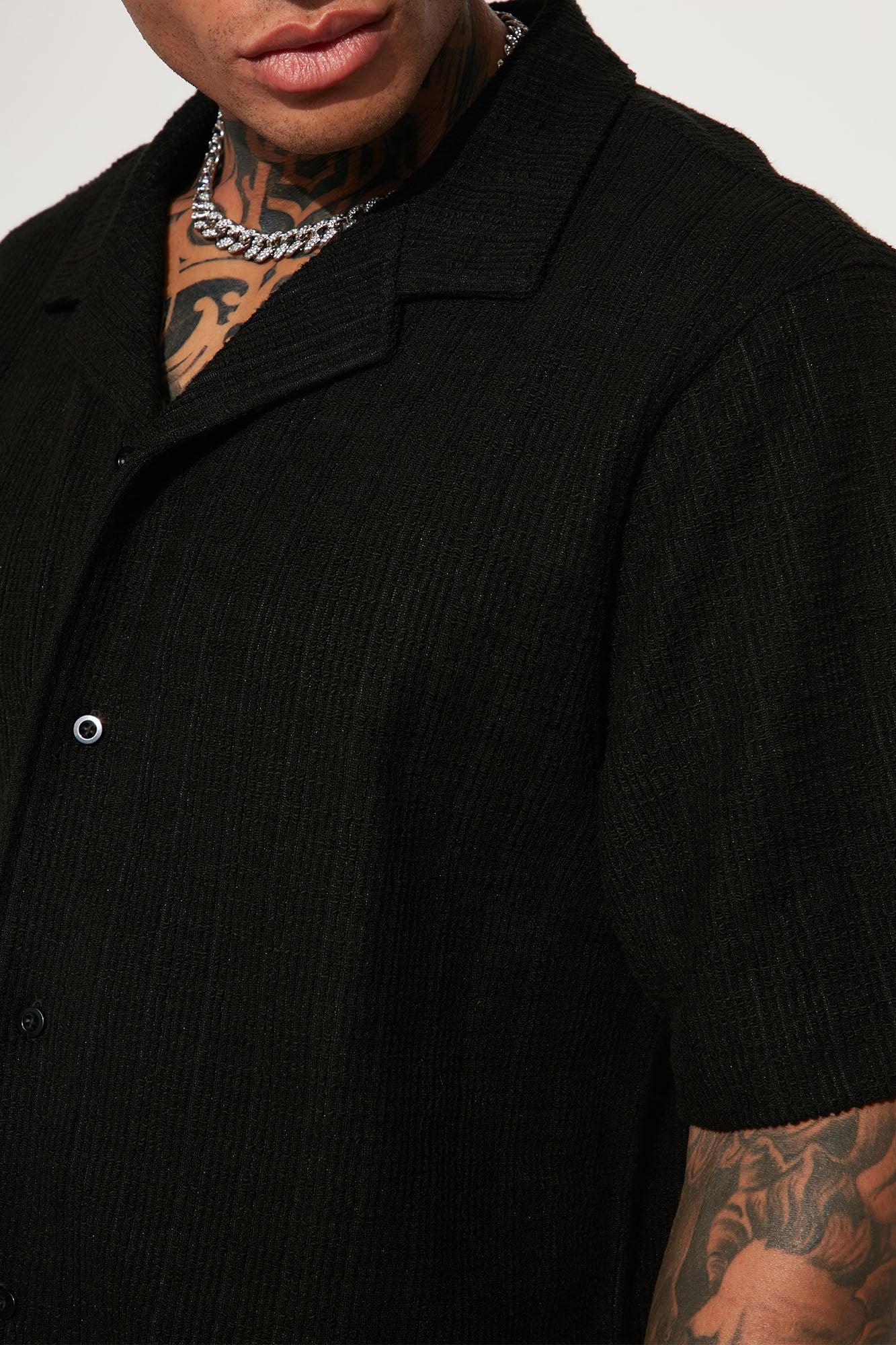 Dean Textured Short Sleeve Button Up Shirt - Black Product Image