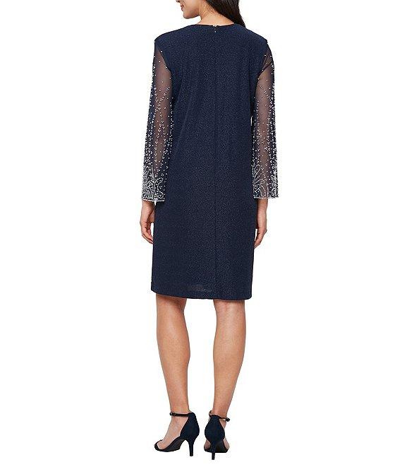 Alex Evenings 3/4 Beaded Sleeve Metallic Knit Jacket Dress Product Image