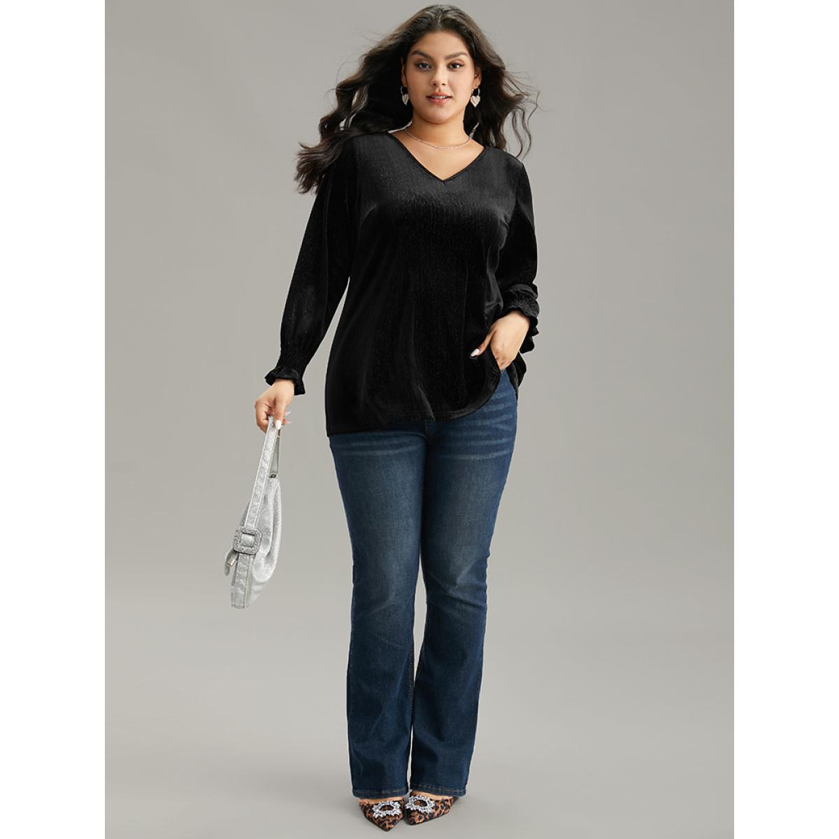 Plus Size Black Solid Velvet Glitter Shirred Ruffles Blouse Women Glamour Long Sleeve V-neck Going out Blouses BloomChic 22-24/3X Product Image