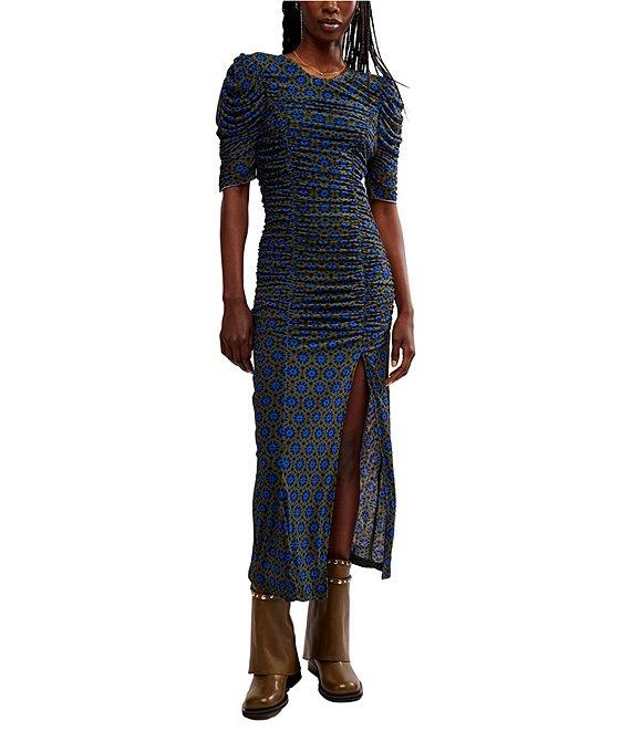 Free People Briella Floral Print Crew Neck Short Sleeve Ruched Midi Dress Product Image