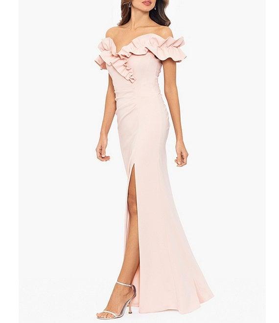 Xscape Stretch Ruffle Off-the-Shoulder Ruched Back Gown Product Image