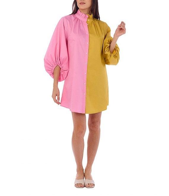 CROSBY by Mollie Burch Olive Colorblock High Ruffle Collar Long Sleeve Button Front Shirt Dress Product Image