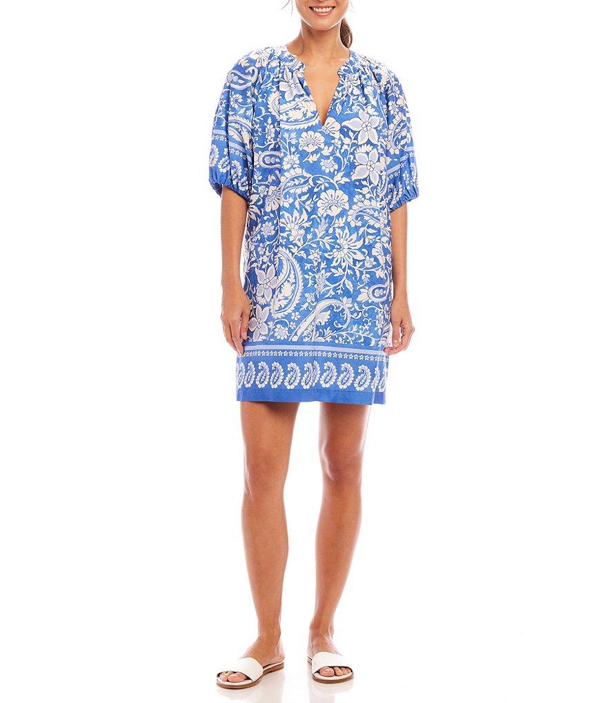Karen Kane Split V-Neck Short Sleeve Floral Paisley Print Dress Product Image