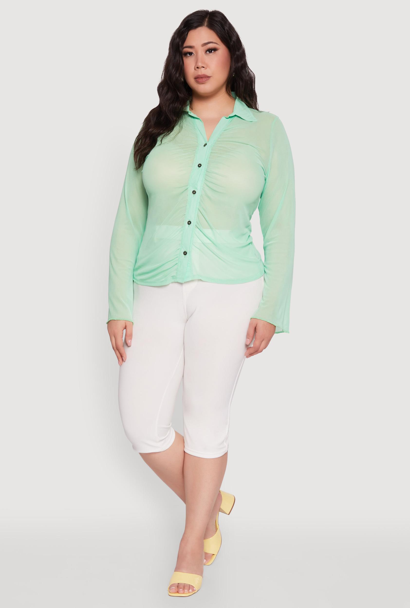 Womens Plus Size Sheer Long Sleeve Shirt with Ruching Product Image