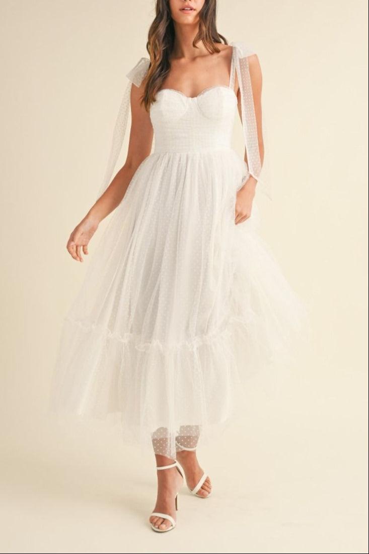 Polka Dot Mesh Tie Shoulder Midi Dress Product Image