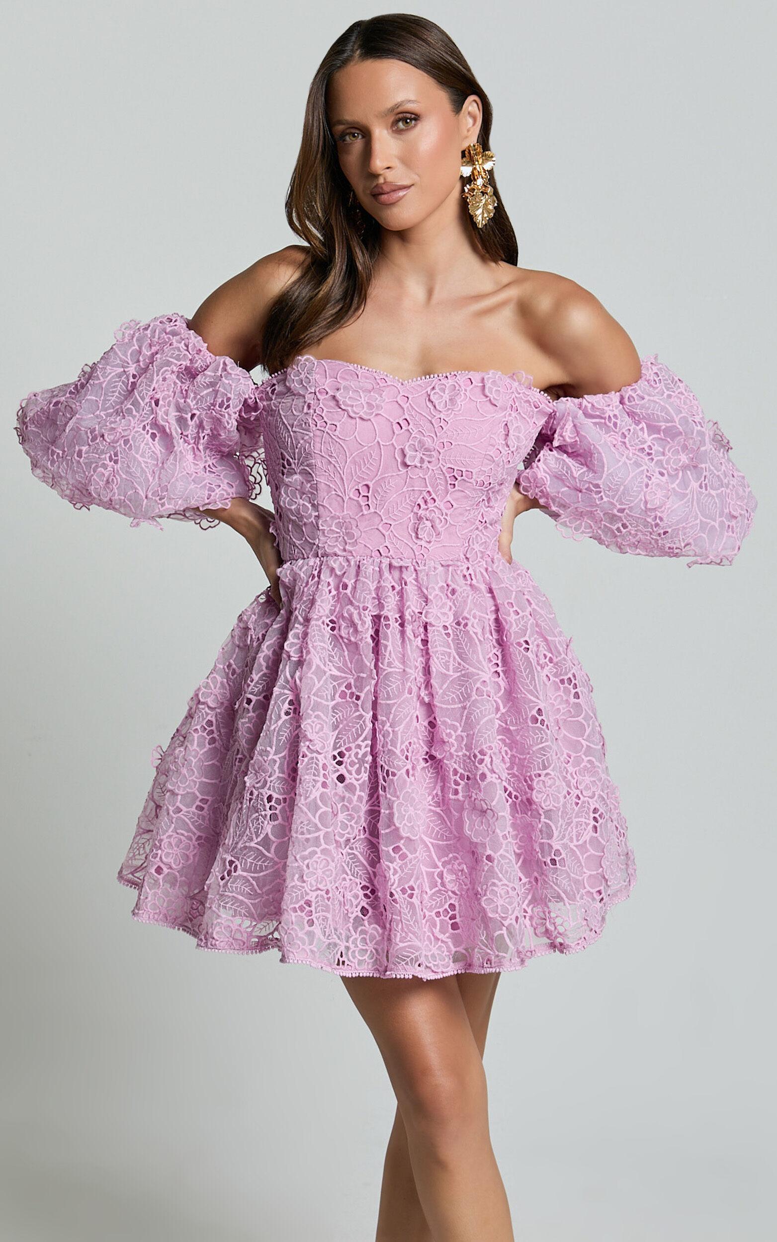 Amalie The Label - Lorena Sweetheart Off Shoulder Puff Sleeve Mini Dress in Purple Product Image