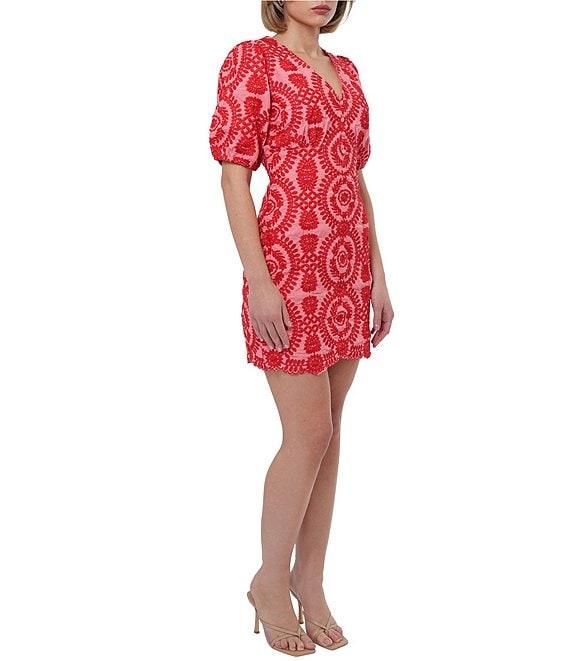 Adelyn Rae Rosemary Eyelet Embroidered Print V Neck Short Puff Sleeve Sheath Mini Dress Product Image