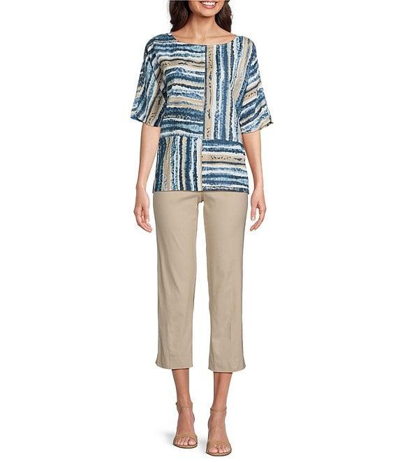 Ali Miles Petite Size Woven Linen Blend Abstract Stripe Round Neck Elbow Sleeve Sharkbite Hem Tunic Product Image
