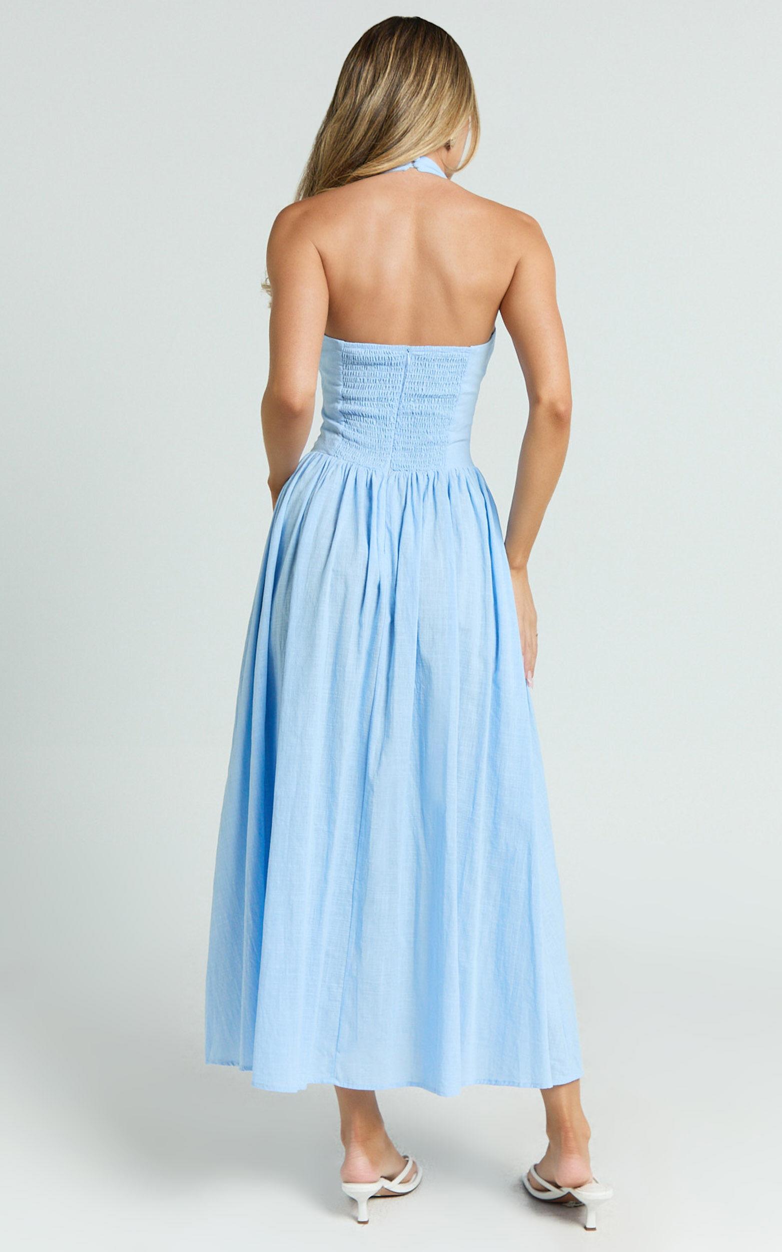 Athena Midi Dress - Halter Drop Waist Dress in Blue Product Image