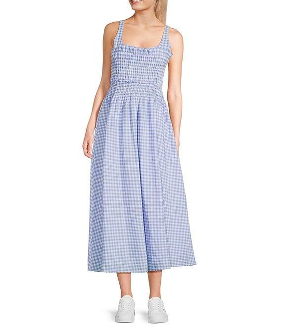 TCEC Gingham Square Neck Smocked Bodice Midi Dress Product Image