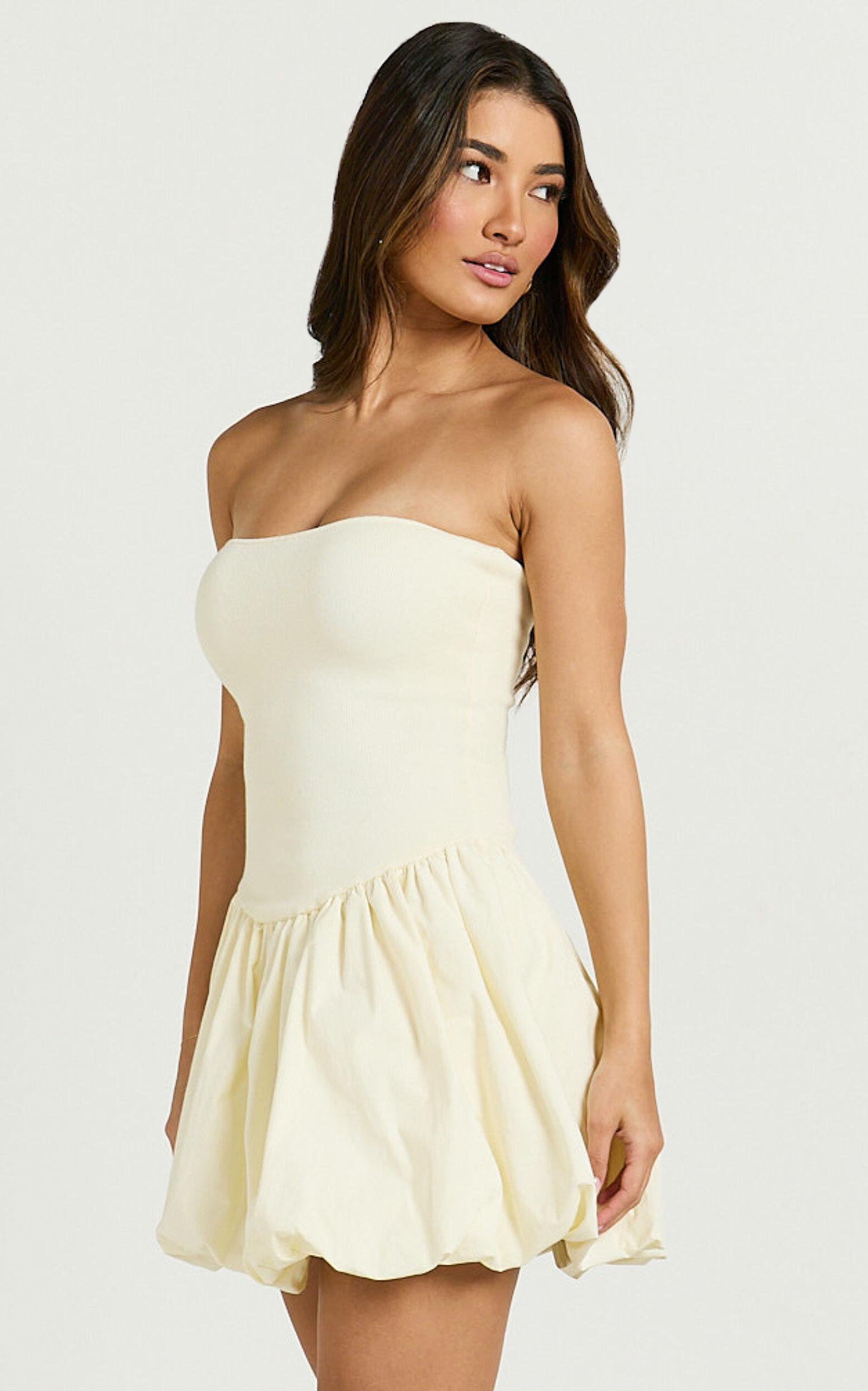 Harley Mini Dress - Strapless Drop Waist Bubble Hem Contrast Dress in Cream Product Image