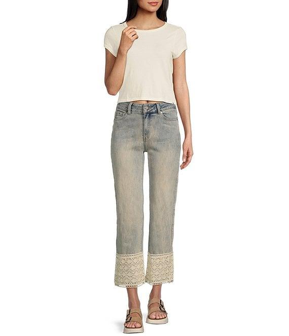 Prosperity Denim Mid Rise Straight Leg Crochet Hem Cropped Jeans Product Image