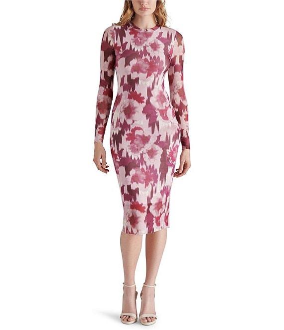 Steve Madden Hailee Floral Printed Mesh Crew Neck Long Sleeve Midi Dress Product Image
