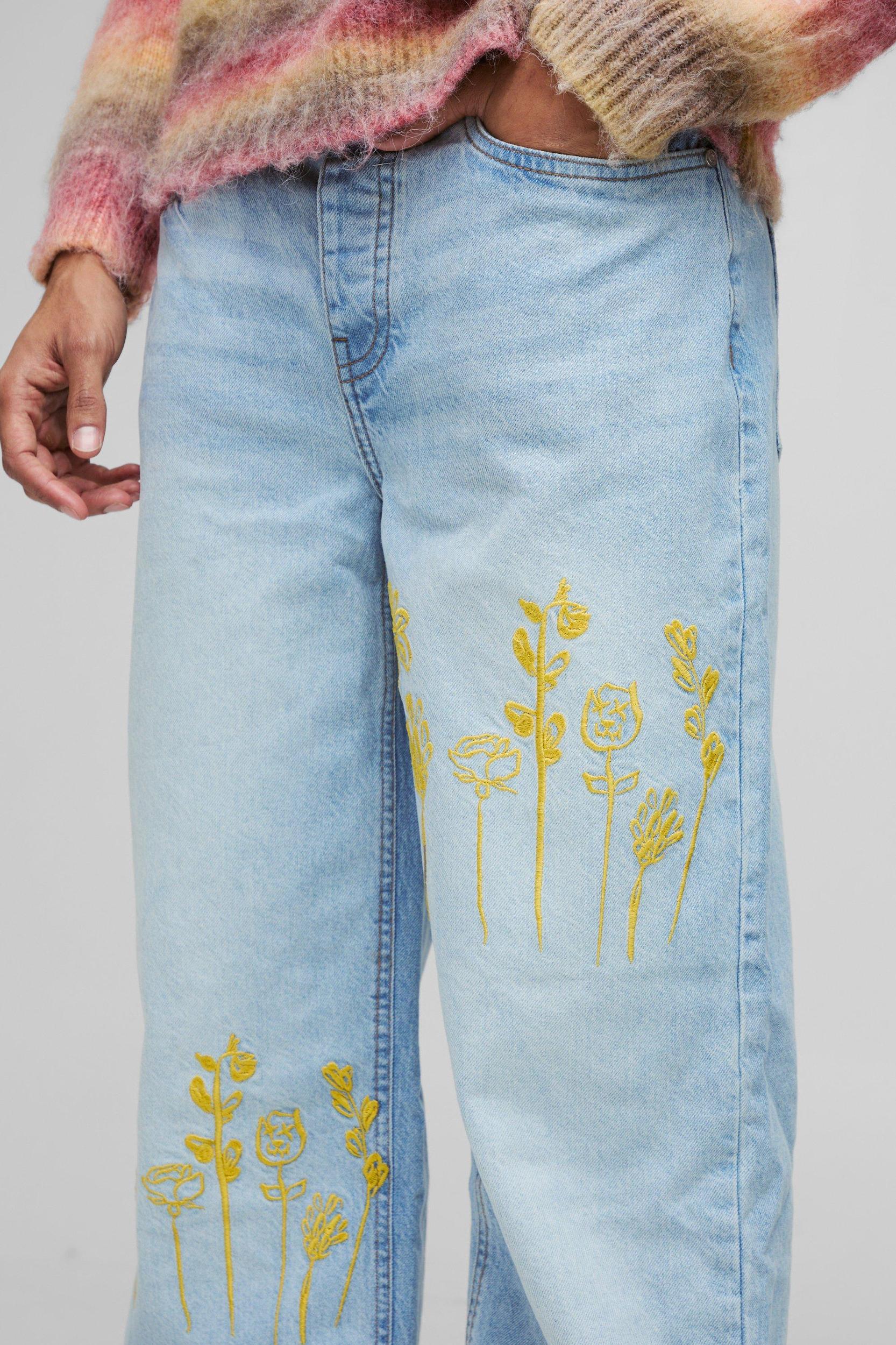 Relaxed Rigid Embroidery Denim Jeans | boohooMAN USA Product Image