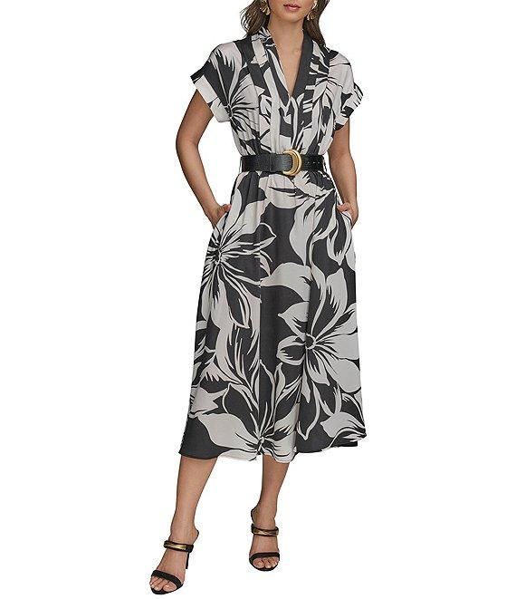 Donna Karan Twill V-Neck Belted Short Sleeve A-Line Floral Midi Dress Product Image