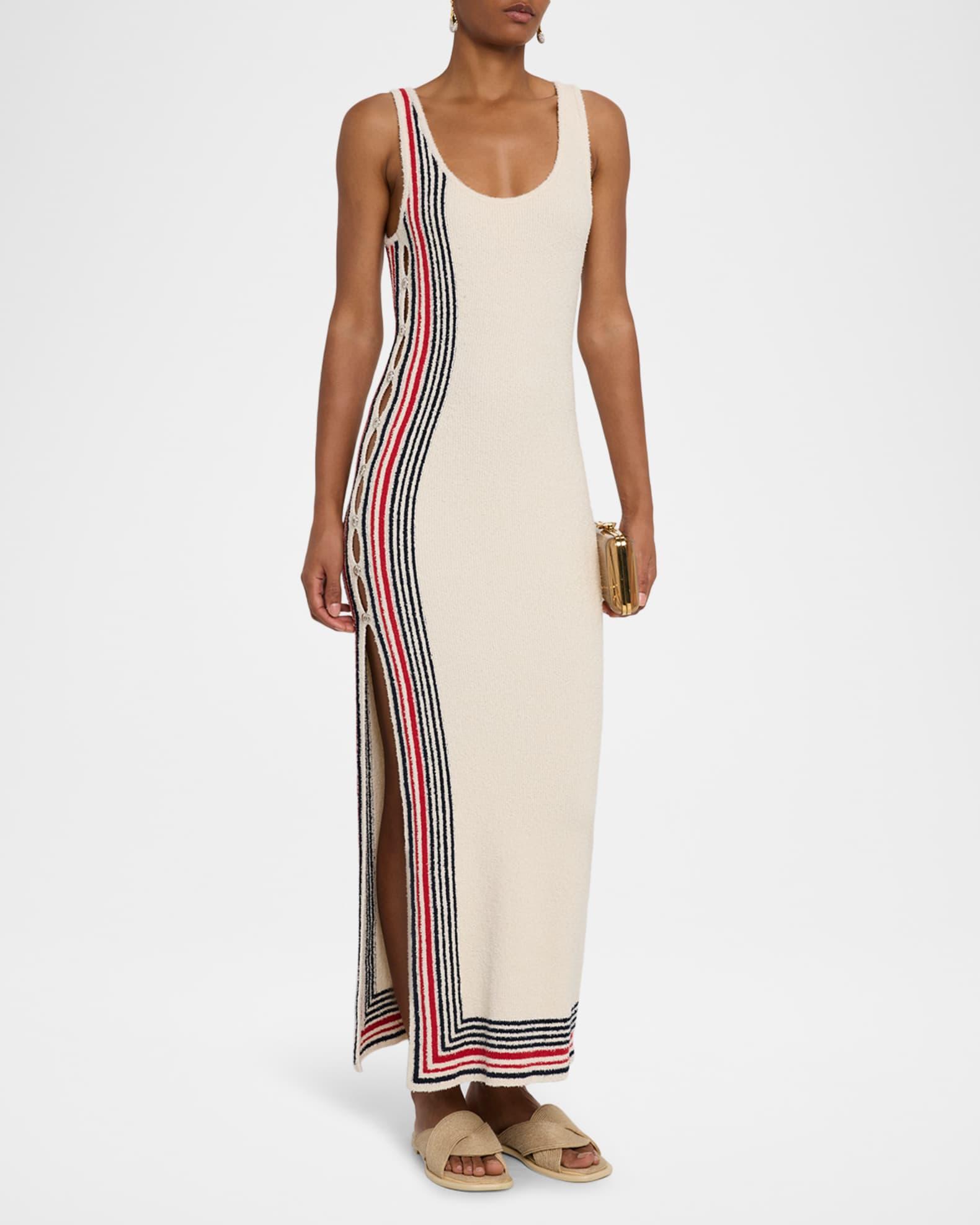 Scoop-Neck Stripe Button-Side Maxi Dress Product Image