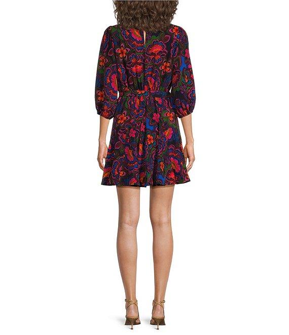 Sugarlips Floral Print Crew Neck Long Sleeve Waist Tie Mini Dress Product Image