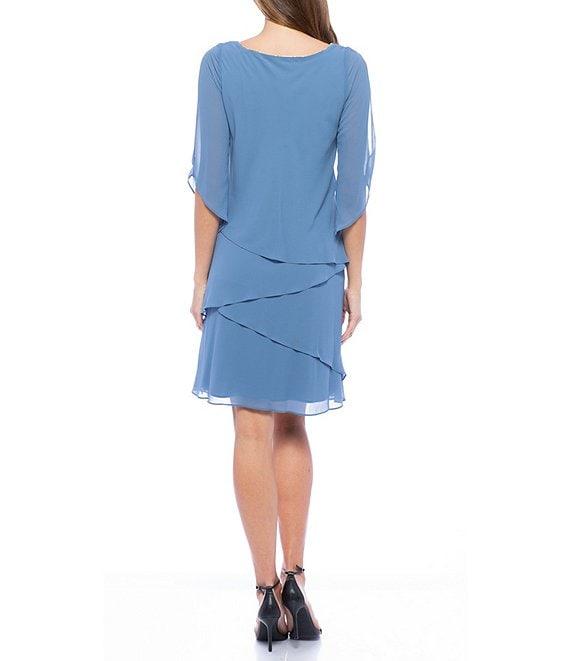 Marina 3/4 Split Sleeve Crew Neck Tiered Skirt Chiffon Sheath Dress Product Image