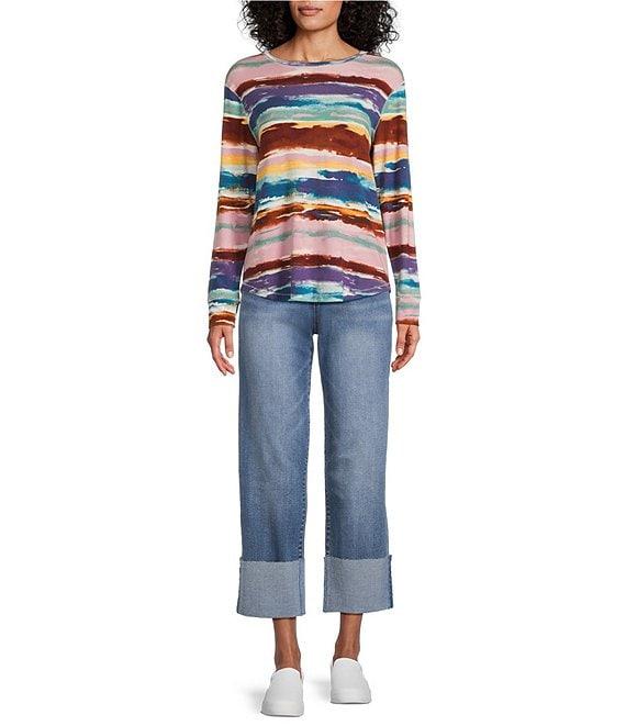 Westbound Petite Size Zephyr Mocha Vintage Stripe Long Sleeve Crew Neck Knit Tee Product Image