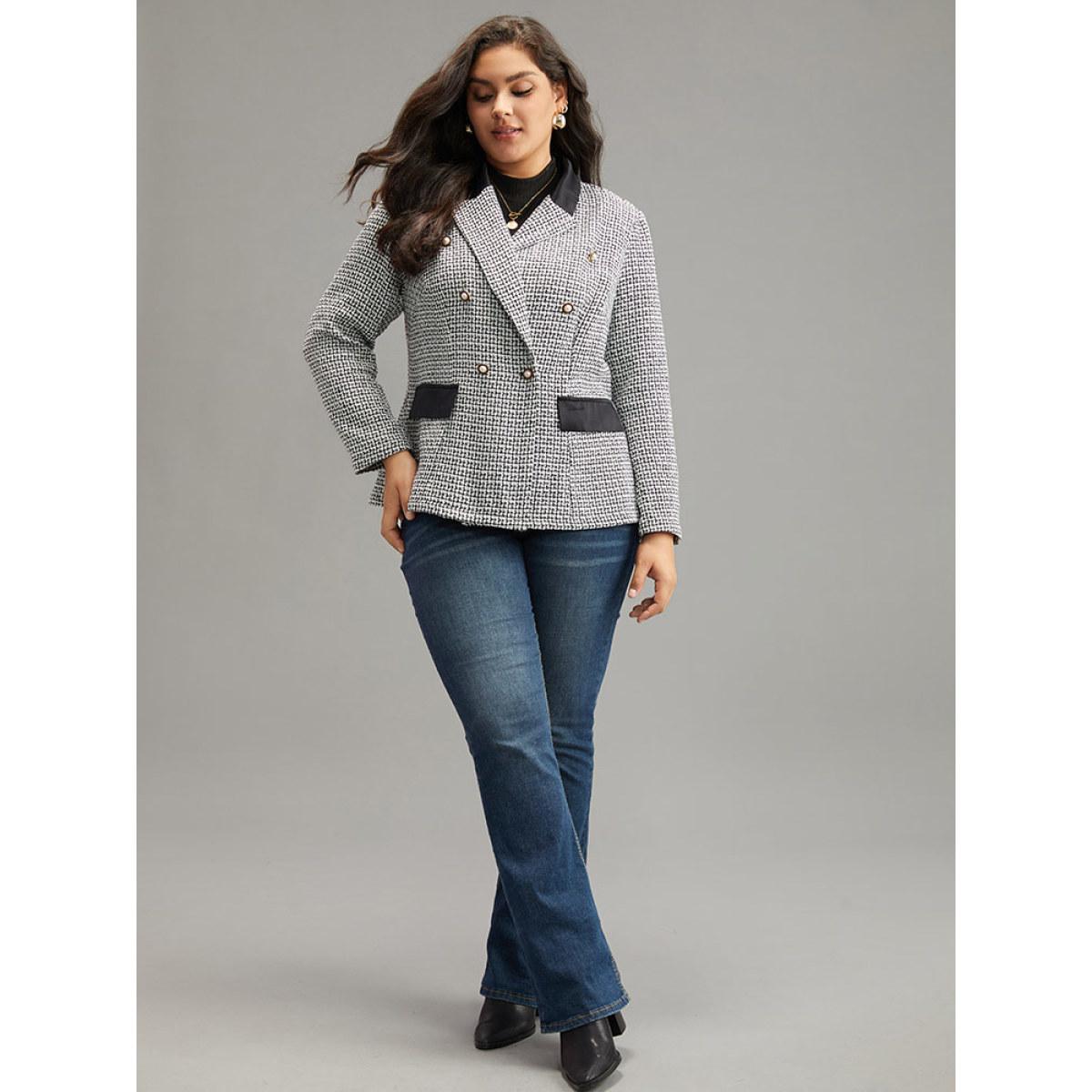 Plus Size Houndstooth Lapel Collar Button Detail Blazer Black Women Work Houndstooth Contrast Sleeve Long Sleeve Lapel Collar 18-20/2X At the Office Blazers BloomChic Product Image