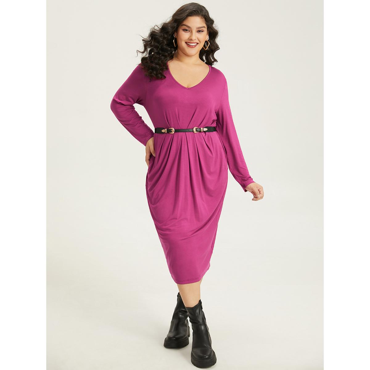 Plus Size Solid Pocket V Neck Plicated Detail Dress RedViolet Women Casual Plain V-neck Long Sleeve Curvy Midi Dress BloomChic 10/M Product Image