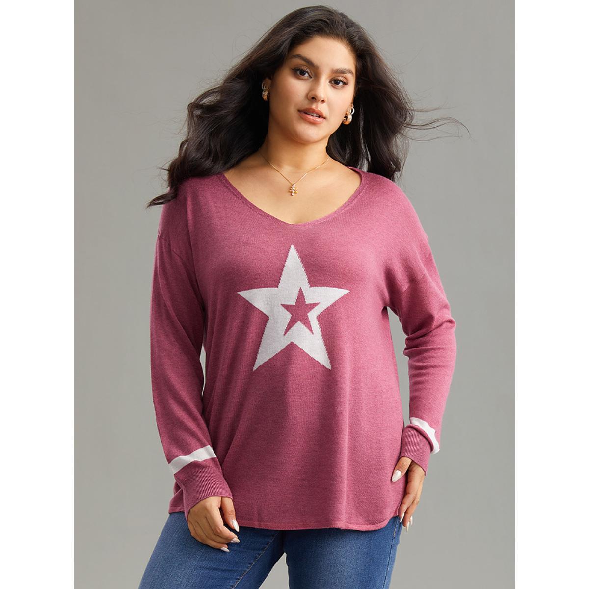 Plus Size Supersoft Essentials Star V Neck Pullover Rust Women Casual Long Sleeve V-neck Dailywear Pullovers BloomChic 28/5X Product Image