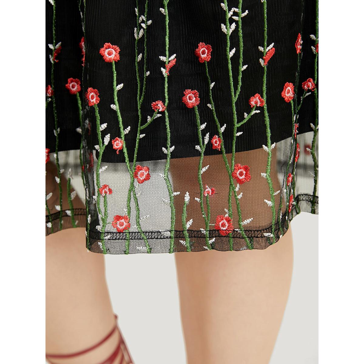 Plus Size Floral Embroidered Mesh Ruffle Hem Pocket Cami Dress Black Women Glamour Adjustable Straps Spaghetti Strap Sleeveless Curvy Knee Dress BloomChic 10/M Product Image