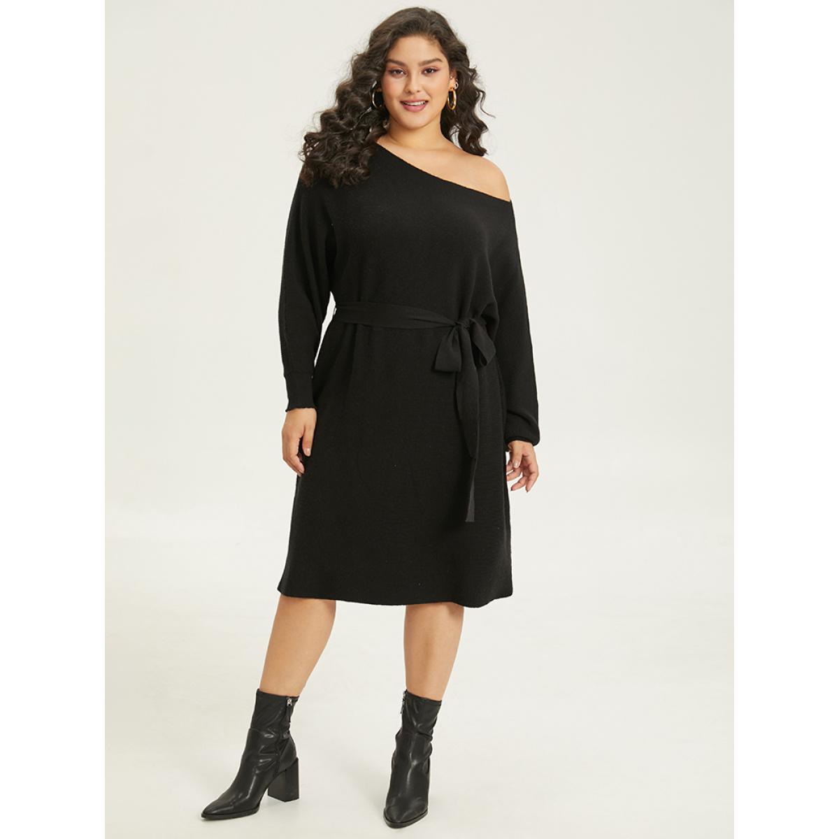 Plus Size Supersoft Essentials Boat Neck Belted Sweater Dress Black Women Casual Long Sleeve Everyday Sweater Dresses BloomChic 28/5X Product Image