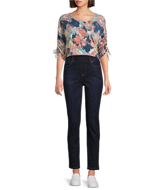 Westbound Petite Size Knit Dark Denim Blur Floral 3/4 Ruched Sleeve Top Product Image