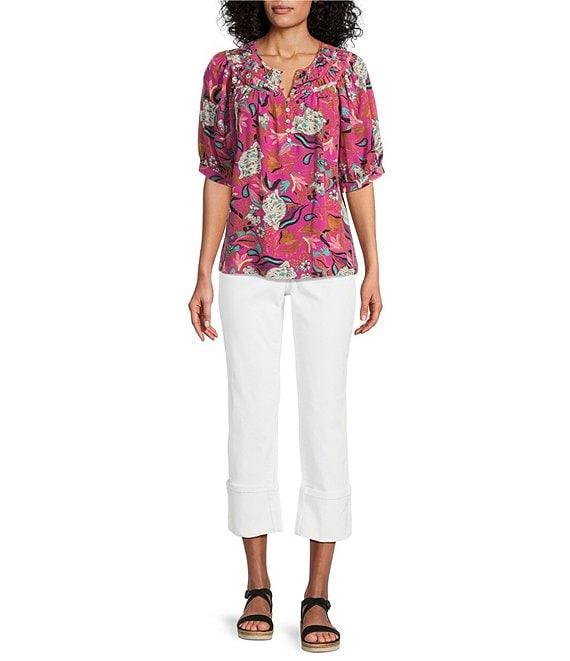 Nurture Petite Size Smocked Yoke Short Sleeve V-Neck Button Down Top Product Image